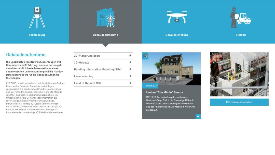 Relaunch Website. Dienstleistung Gebäudeaufnahme. ING PLUS Relaunch Website. Dienstleistung Gebäudeaufnahme. ING PLUS